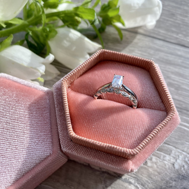 Hexagonal Pink Velvet Ring Box for Engagement or Wedding Ring