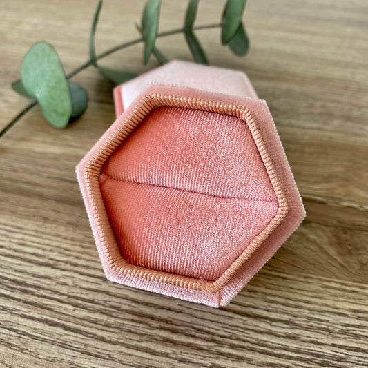 Hexagonal Pink Velvet Ring Box for Engagement or Wedding Ring